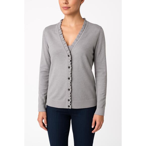 Amber Sun Women’s Silk Blend V-Neck Ruffled Cardigan in Gray-Size Large - Picture 1 of 9